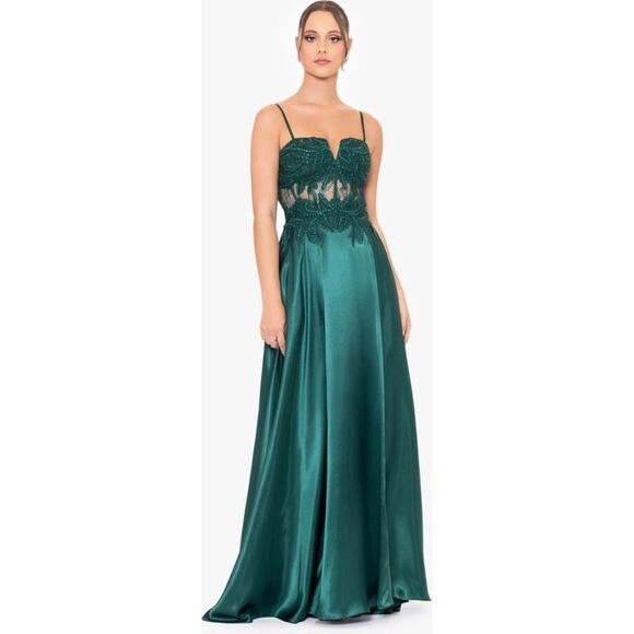 NWT BLONDIE NITES Womens Green Lace-up Back Bodice Lined Split Dress Juniors 7